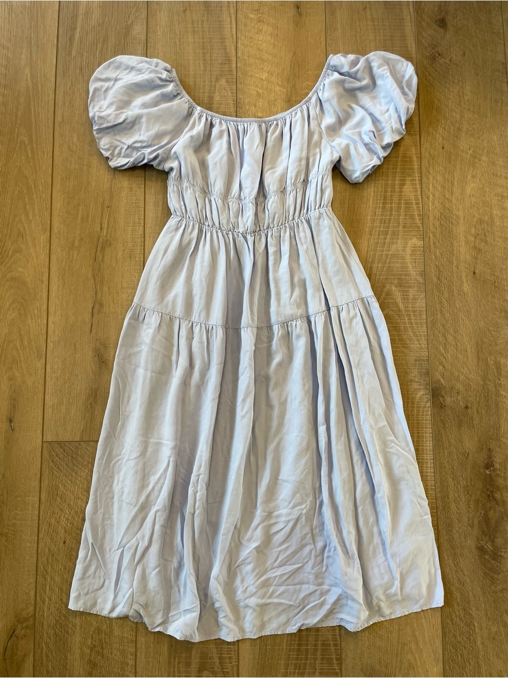 Light Blue Puff-Sleeve Maxi Dress with Tiered Skirt